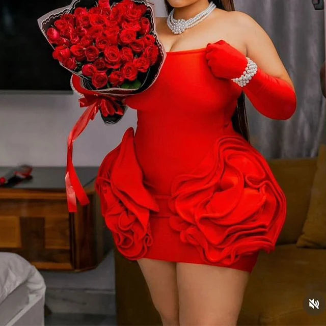 GX775 Luxury Quality Women Sexy Party Tube Big 3D Floral Red Bandage Mini Dress Sleeveless Slim Fit Elegant Evening Dresses