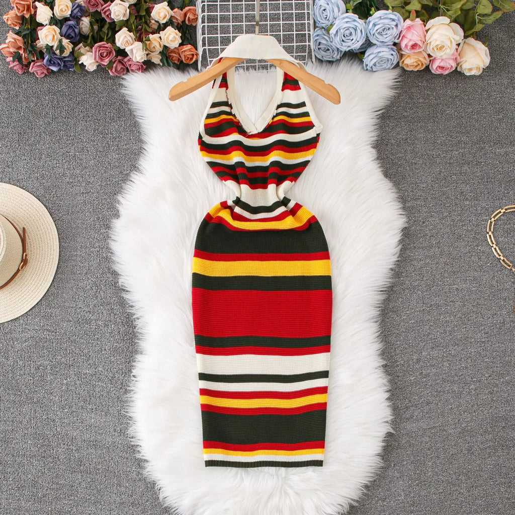 Summer Hot Sale Women Halter Striped Knit Dresses
