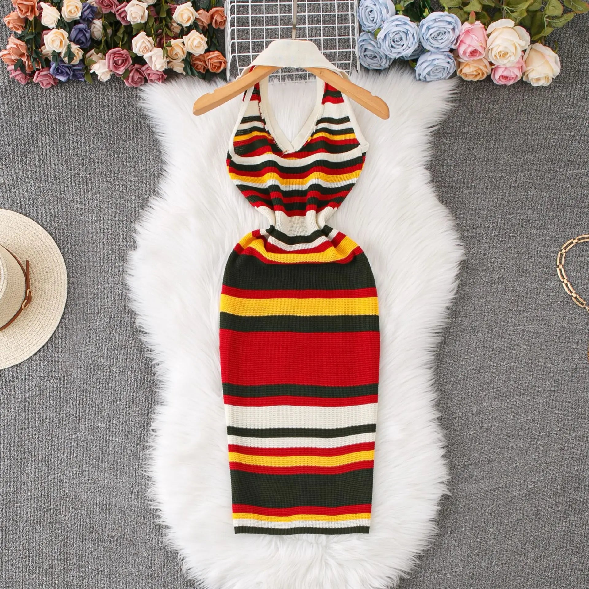 Summer Hot Sale Women Halter Striped Knit Dresses