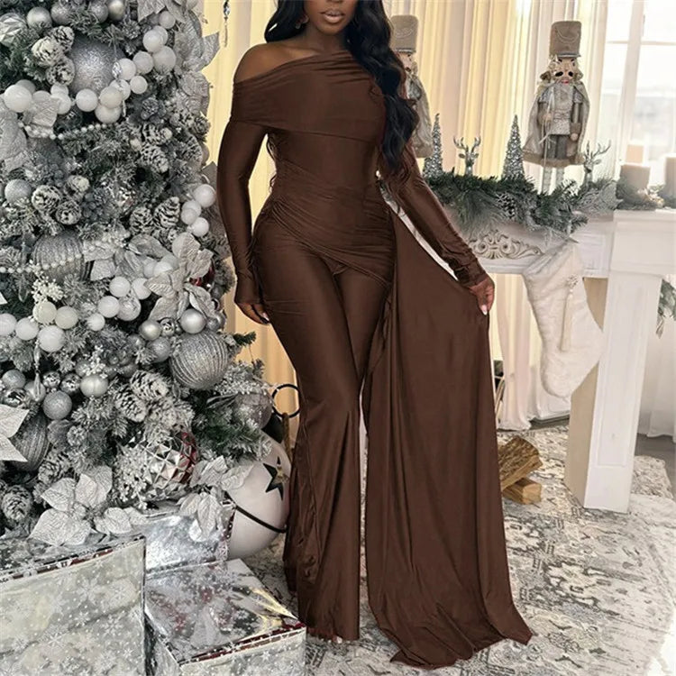 Elegant Party Club Outfits Woman Jumpsuits and Rompers Evening Off Shoulder Long Sleeve Ruched One Pieces Overalls