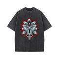 Men's Vintage Washed Beige Oversized T-shirt Japanese Nine-Tailed Fox Spirit Graphic Streetwear Cotton Tee