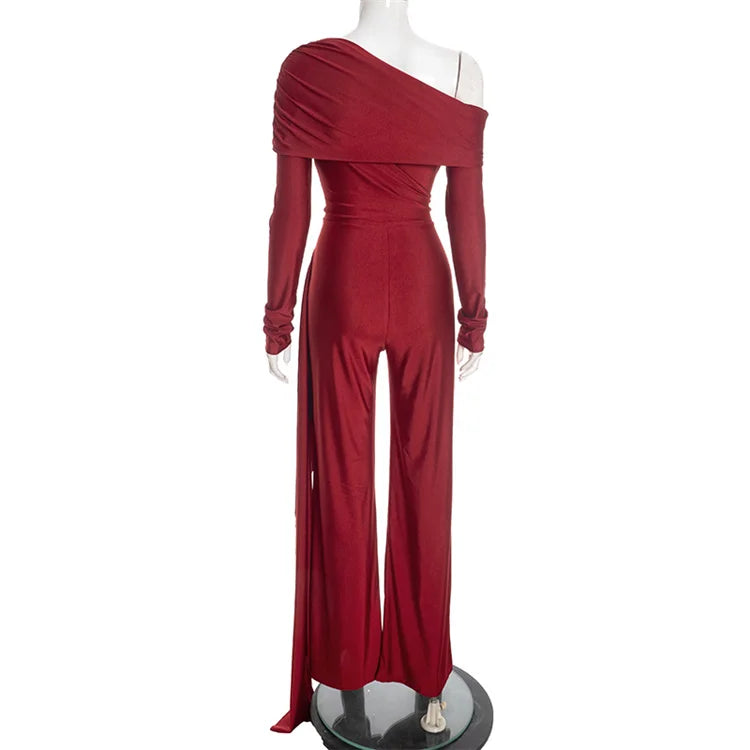 Elegant Party Club Outfits Woman Jumpsuits and Rompers Evening Off Shoulder Long Sleeve Ruched One Pieces Overalls