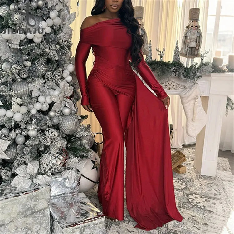 Elegant Party Club Outfits Woman Jumpsuits and Rompers Evening Off Shoulder Long Sleeve Ruched One Pieces Overalls