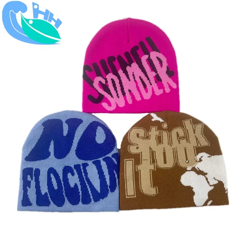 High Quality Customized Beanies Hats All Over logo Knitted Jacquard Winter Hat Skull Beanie