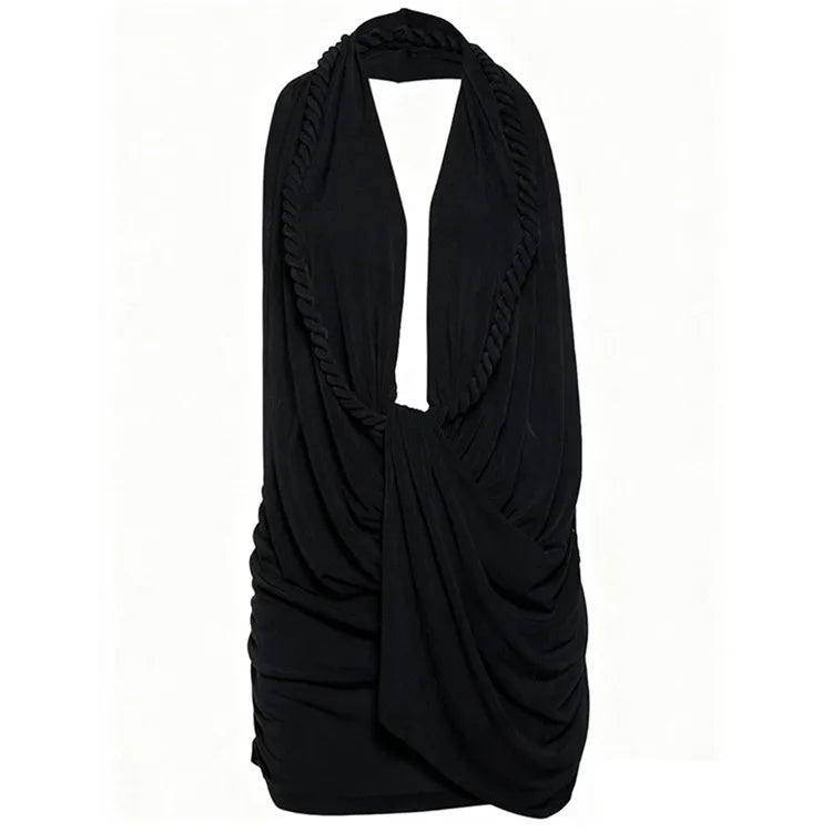 Women's Halter Ruched Dress Sexy Deep V-neck Whip Knot Backless Bodycon Mini Dresses