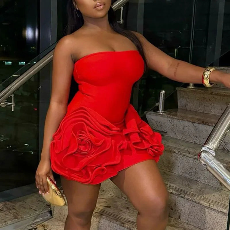 GX775 Luxury Quality Women Sexy Party Tube Big 3D Floral Red Bandage Mini Dress Sleeveless Slim Fit Elegant Evening Dresses