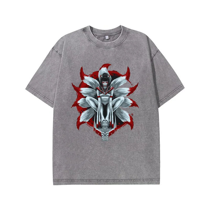 Men's Vintage Washed Beige Oversized T-shirt Japanese Nine-Tailed Fox Spirit Graphic Streetwear Cotton Tee