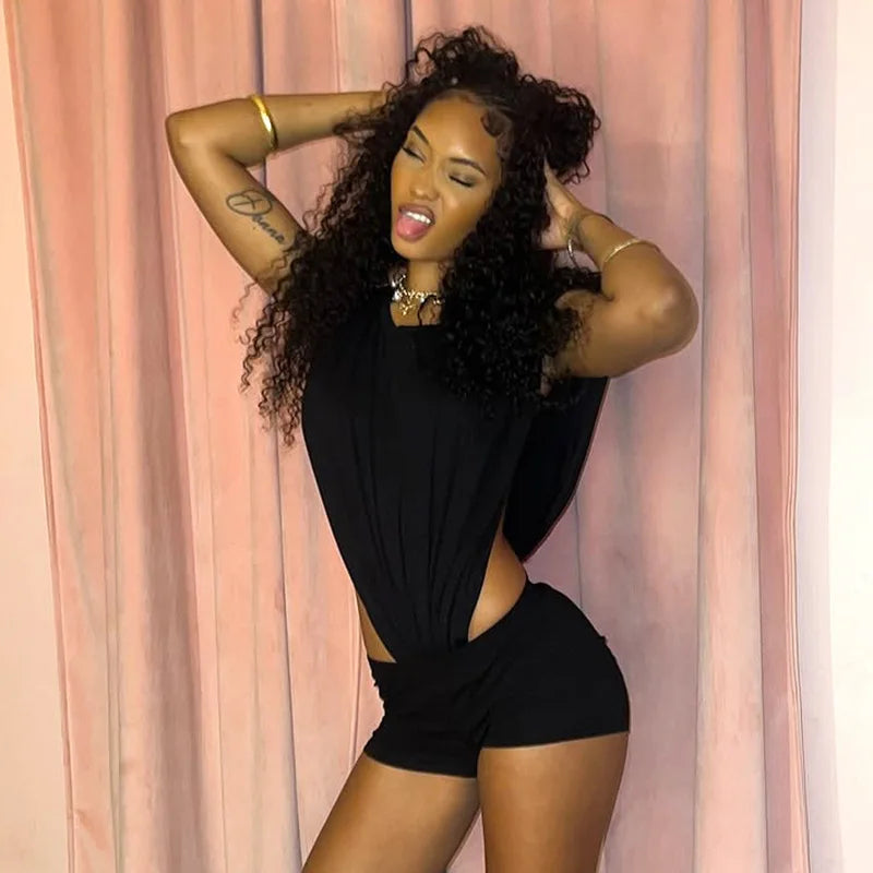 Summer Fashion Sexy Woman Round Neck Sleeveless 2 Piece Set Outfit Solid Side Hollow Bodysuit Top and Shorts Milk Silk Outfit