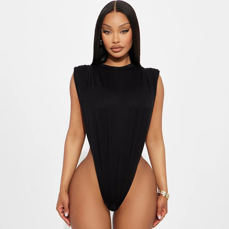 Summer Fashion Sexy Woman Round Neck Sleeveless 2 Piece Set Outfit Solid Side Hollow Bodysuit Top and Shorts Milk Silk Outfit