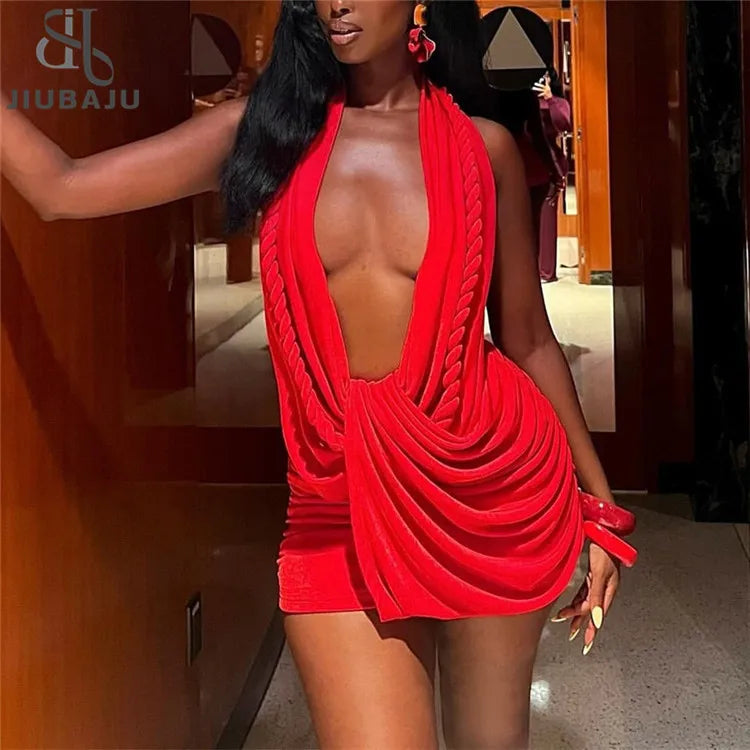 Women's Halter Ruched Dress Sexy Deep V-neck Whip Knot Backless Bodycon Mini Dresses