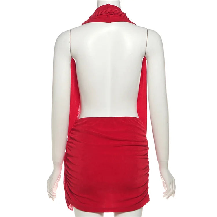 Women's Halter Ruched Dress Sexy Deep V-neck Whip Knot Backless Bodycon Mini Dresses
