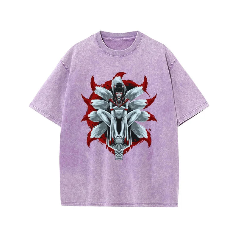 Men's Vintage Washed Beige Oversized T-shirt Japanese Nine-Tailed Fox Spirit Graphic Streetwear Cotton Tee