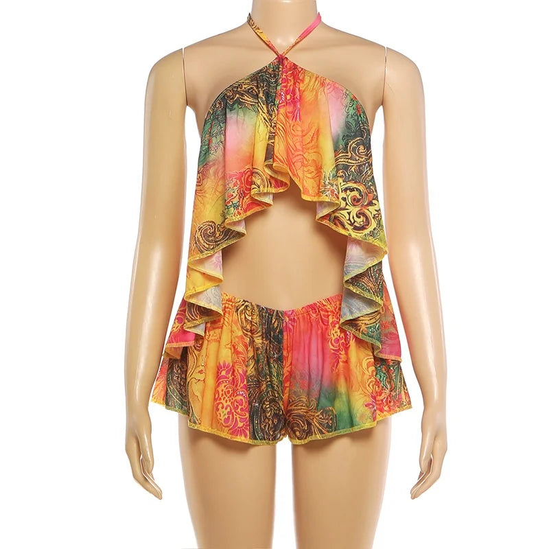 K25S91009 2026 Summer New Women's Clothing Sexy Printed Halter Neck Backless Solid Club Top Loose Shorts Two Piece Set Women