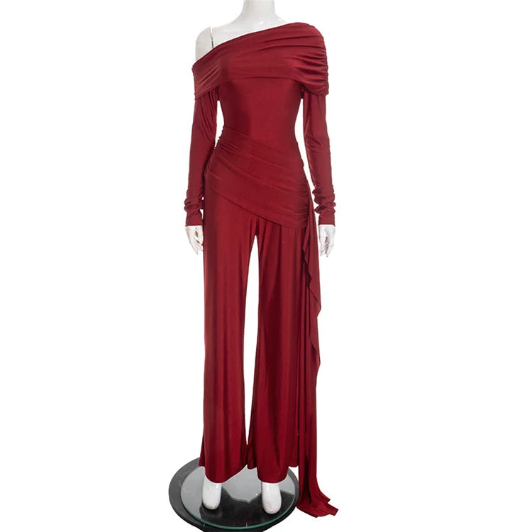 Elegant Party Club Outfits Woman Jumpsuits and Rompers Evening Off Shoulder Long Sleeve Ruched One Pieces Overalls