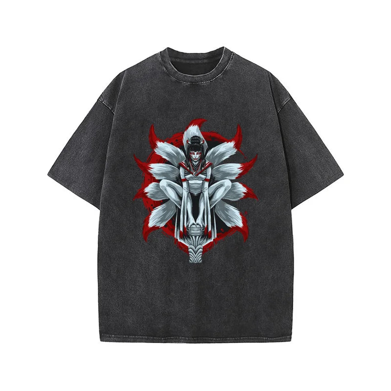 Men's Vintage Washed Beige Oversized T-shirt Japanese Nine-Tailed Fox Spirit Graphic Streetwear Cotton Tee