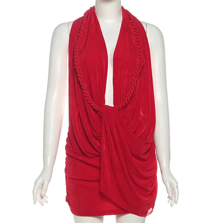 Women's Halter Ruched Dress Sexy Deep V-neck Whip Knot Backless Bodycon Mini Dresses