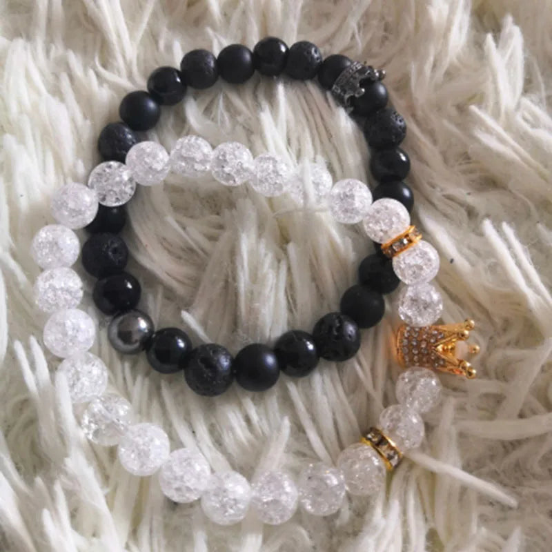 New 2Pc/Sets Natural 8/6mm Stone Beads Couple Bracelets for Women Micro Pave CZ Crown Charms Bracelet Men Jewelry Pulseras Mujer