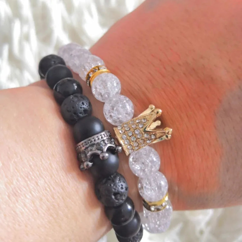 New 2Pc/Sets Natural 8/6mm Stone Beads Couple Bracelets for Women Micro Pave CZ Crown Charms Bracelet Men Jewelry Pulseras Mujer