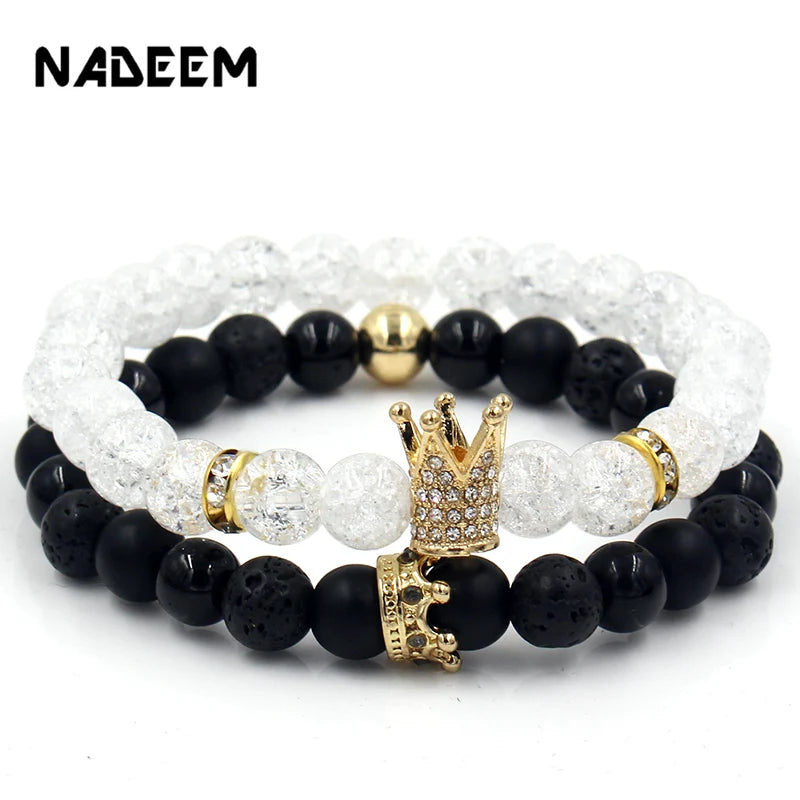 New 2Pc/Sets Natural 8/6mm Stone Beads Couple Bracelets for Women Micro Pave CZ Crown Charms Bracelet Men Jewelry Pulseras Mujer