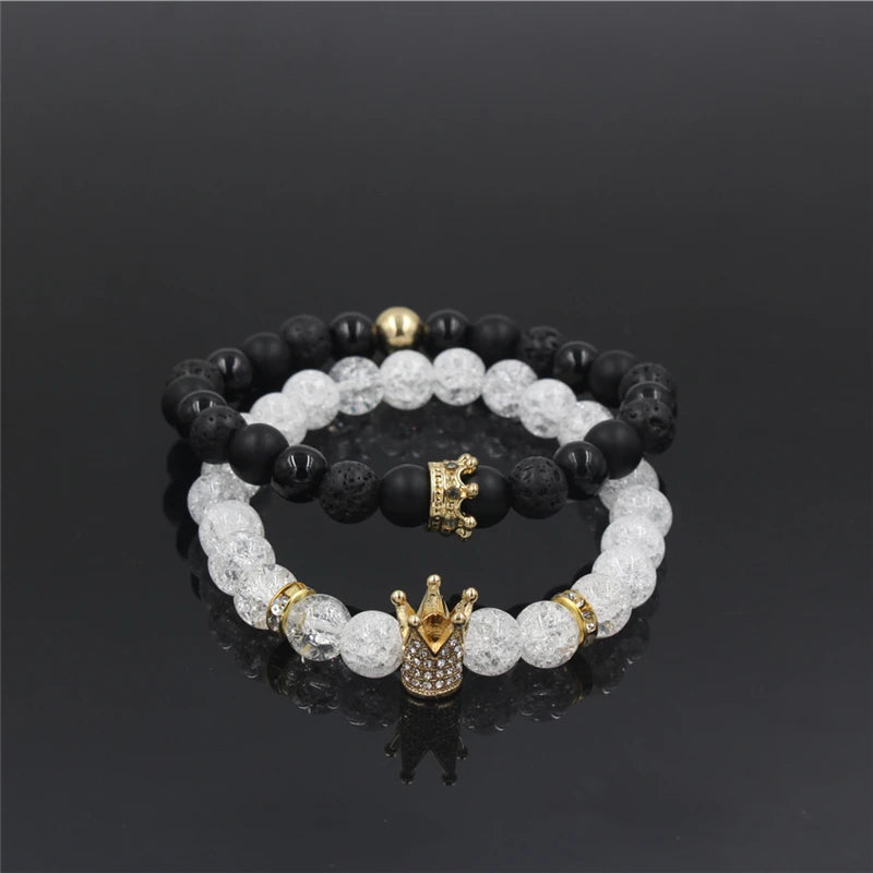 New 2Pc/Sets Natural 8/6mm Stone Beads Couple Bracelets for Women Micro Pave CZ Crown Charms Bracelet Men Jewelry Pulseras Mujer
