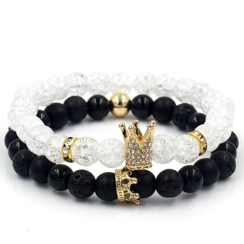 New 2Pc/Sets Natural 8/6mm Stone Beads Couple Bracelets for Women Micro Pave CZ Crown Charms Bracelet Men Jewelry Pulseras Mujer