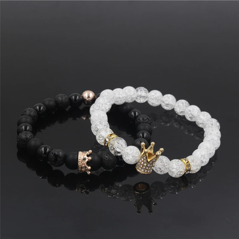 New 2Pc/Sets Natural 8/6mm Stone Beads Couple Bracelets for Women Micro Pave CZ Crown Charms Bracelet Men Jewelry Pulseras Mujer
