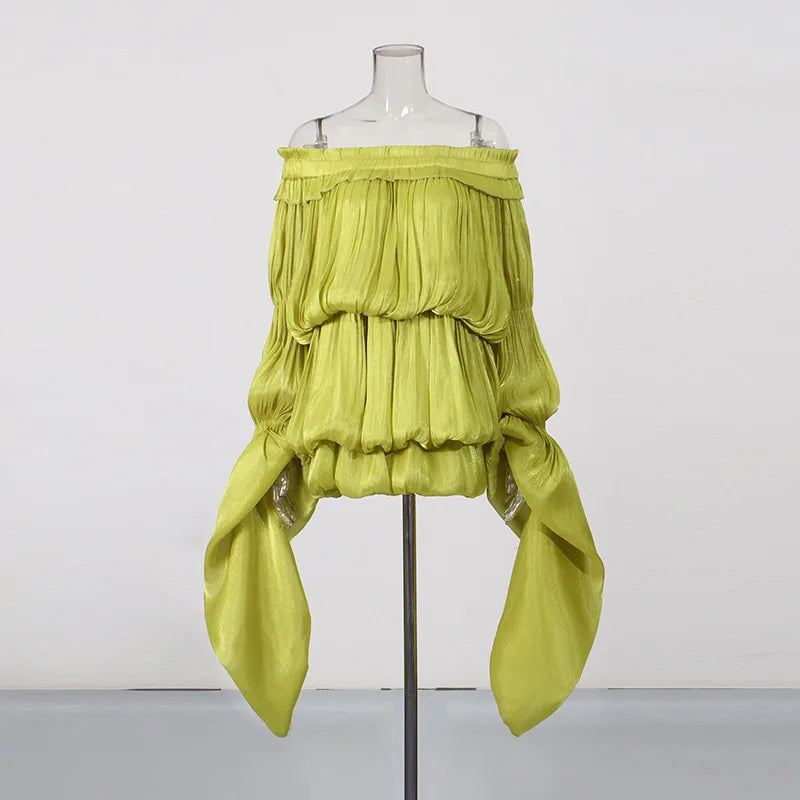 Fashion Women Casual Vintage Ruffle Matching Off the Shoulder Long Sleeve Irregular Blouse Top Biker Short Set 2 Two Piece Set