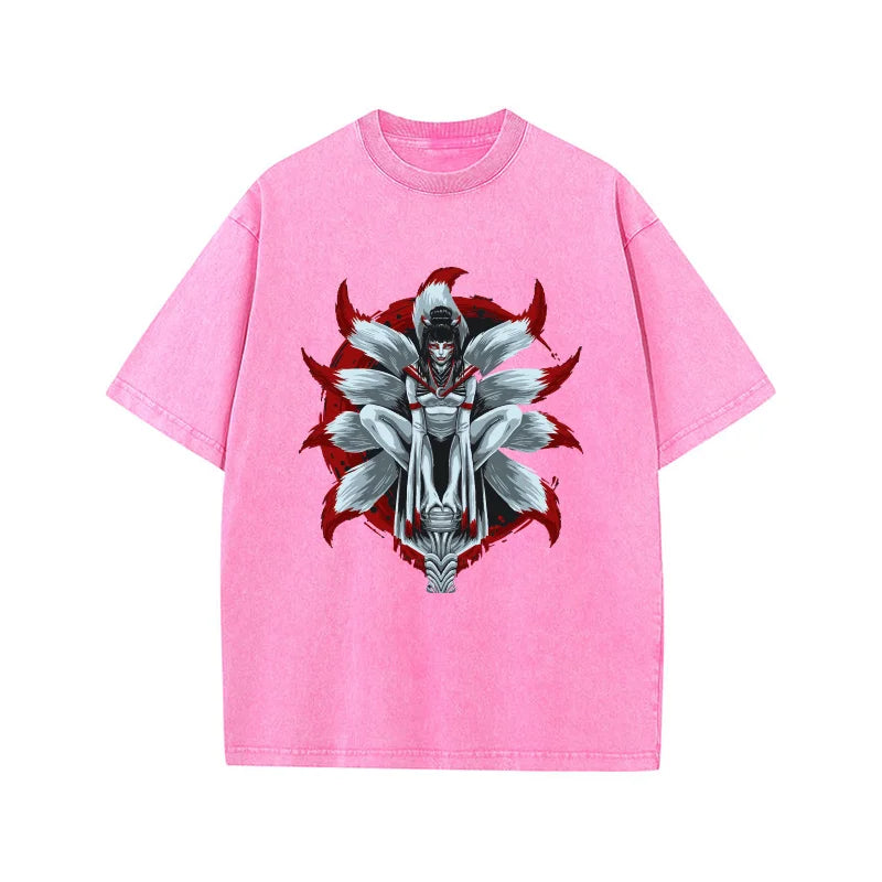 Men's Vintage Washed Beige Oversized T-shirt Japanese Nine-Tailed Fox Spirit Graphic Streetwear Cotton Tee
