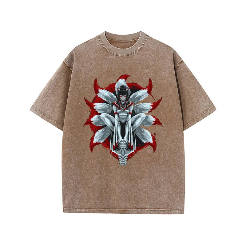 Men's Vintage Washed Beige Oversized T-shirt Japanese Nine-Tailed Fox Spirit Graphic Streetwear Cotton Tee