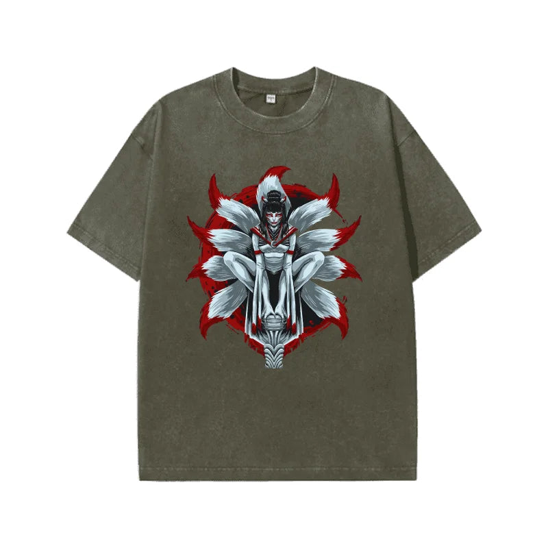 Men's Vintage Washed Beige Oversized T-shirt Japanese Nine-Tailed Fox Spirit Graphic Streetwear Cotton Tee