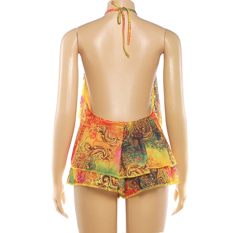K25S91009 2026 Summer New Women's Clothing Sexy Printed Halter Neck Backless Solid Club Top Loose Shorts Two Piece Set Women
