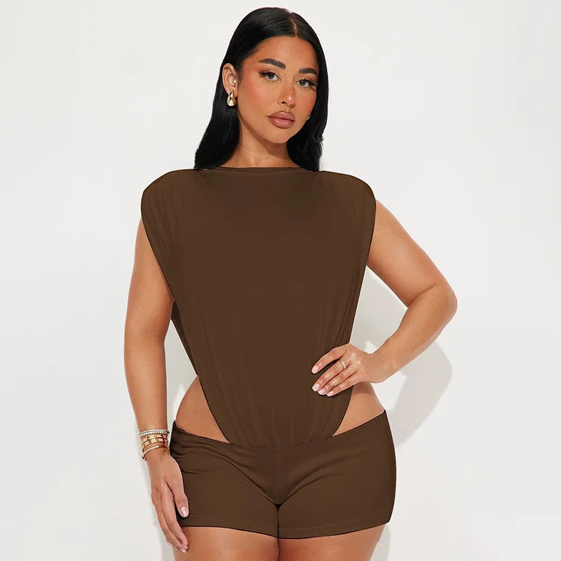 Summer Fashion Sexy Woman Round Neck Sleeveless 2 Piece Set Outfit Solid Side Hollow Bodysuit Top and Shorts Milk Silk Outfit