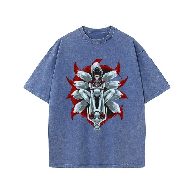 Men's Vintage Washed Beige Oversized T-shirt Japanese Nine-Tailed Fox Spirit Graphic Streetwear Cotton Tee