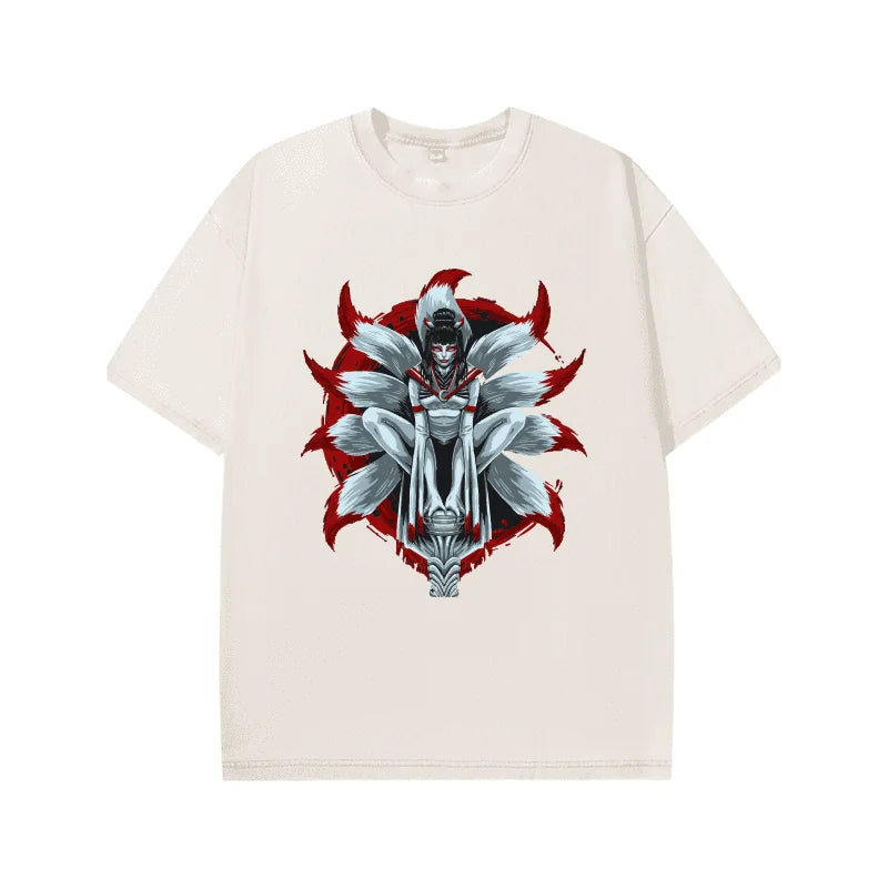 Men's Vintage Washed Beige Oversized T-shirt Japanese Nine-Tailed Fox Spirit Graphic Streetwear Cotton Tee