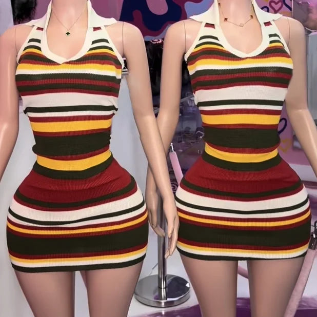 Summer Hot Sale Women Halter Striped Knit Dresses