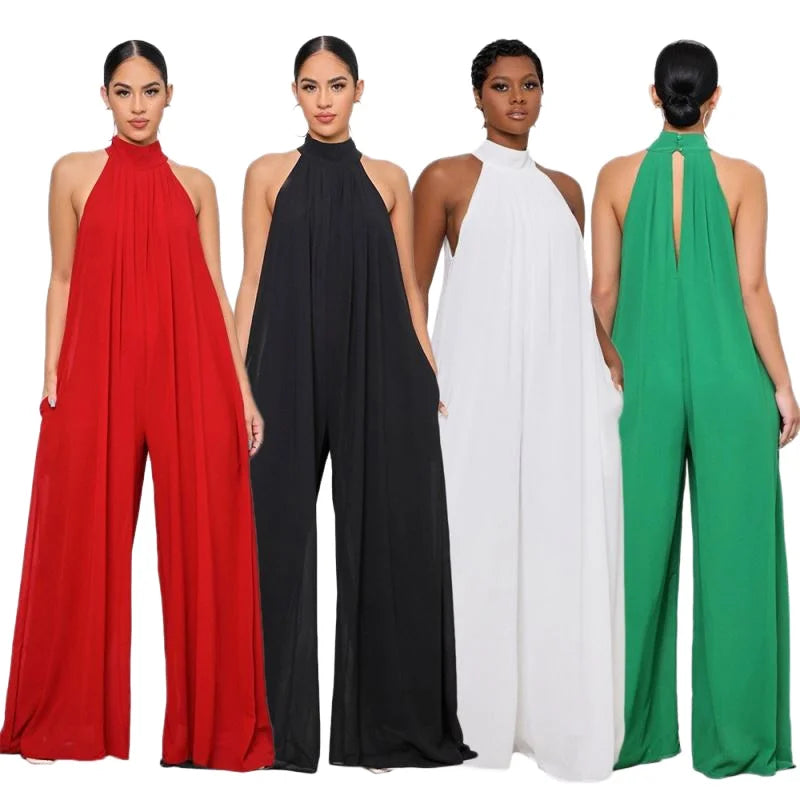 S-XL Casual Sleeveless Jumpsuit Chiffon Wide Truffle Back Women's Jumpsuit