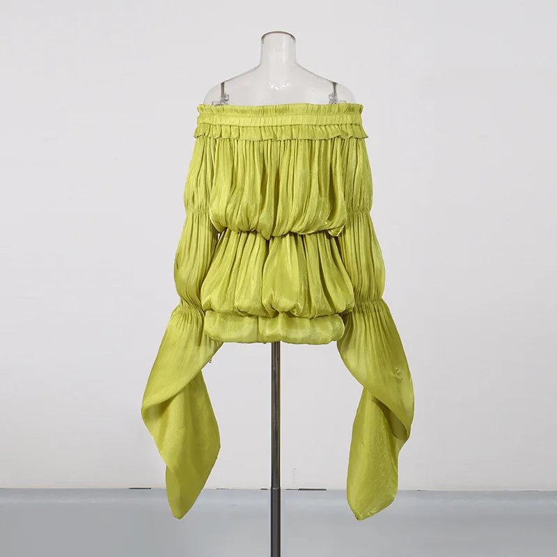 Fashion Women Casual Vintage Ruffle Matching Off the Shoulder Long Sleeve Irregular Blouse Top Biker Short Set 2 Two Piece Set