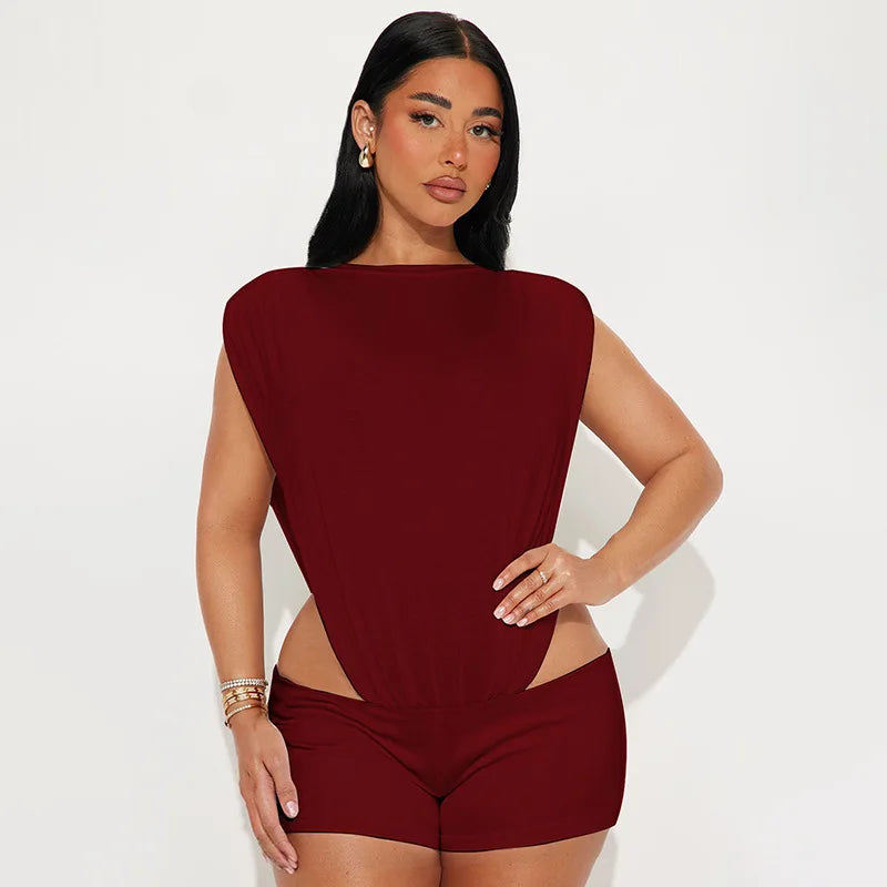 Summer Fashion Sexy Woman Round Neck Sleeveless 2 Piece Set Outfit Solid Side Hollow Bodysuit Top and Shorts Milk Silk Outfit