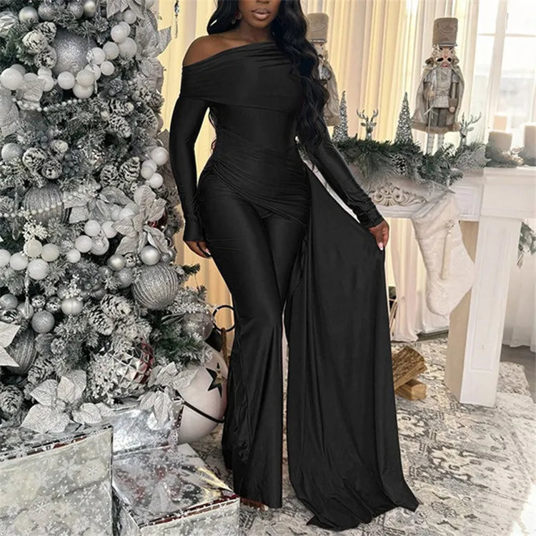 Elegant Party Club Outfits Woman Jumpsuits and Rompers Evening Off Shoulder Long Sleeve Ruched One Pieces Overalls