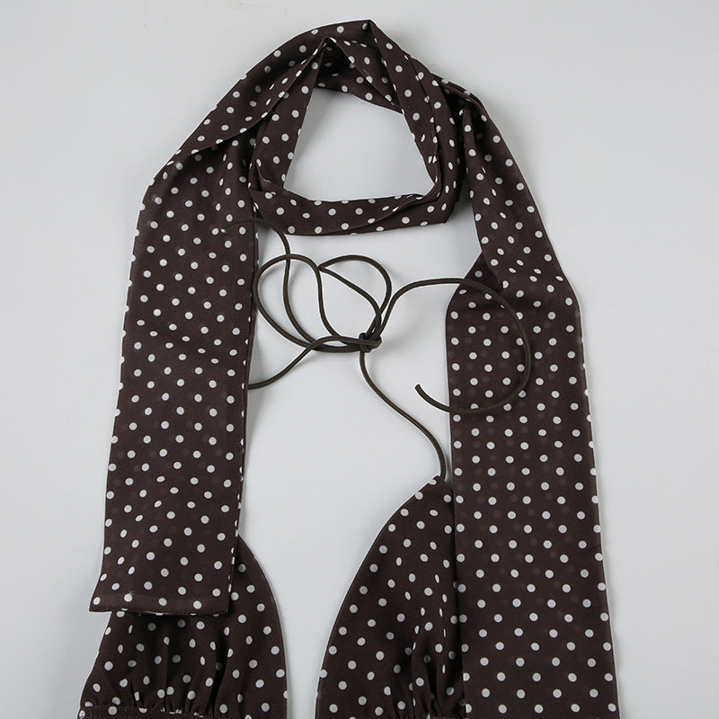 2024 Winter New French Style Elegant Strap Deep V Open Chest Lace Large Open Back Contrast Color Dot Design Small Sling
