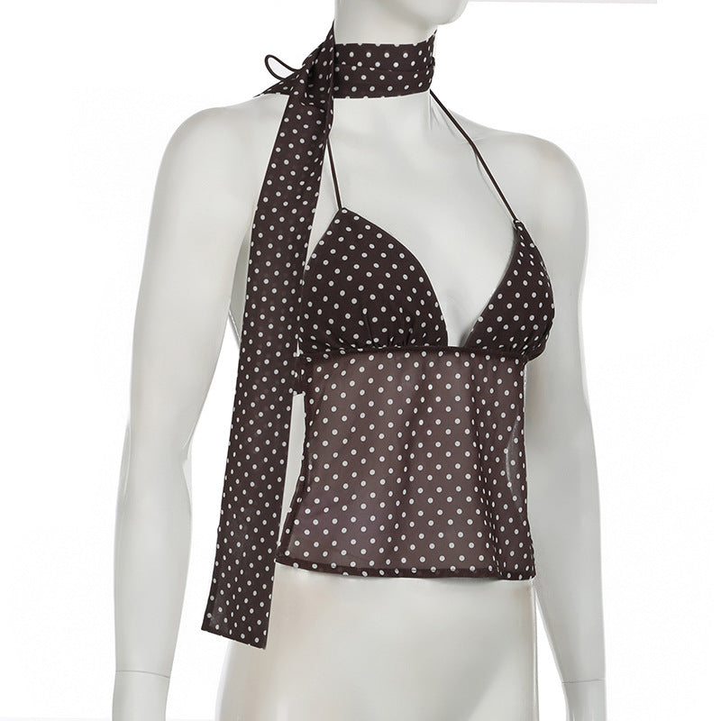 2024 Winter New French Style Elegant Strap Deep V Open Chest Lace Large Open Back Contrast Color Dot Design Small Sling