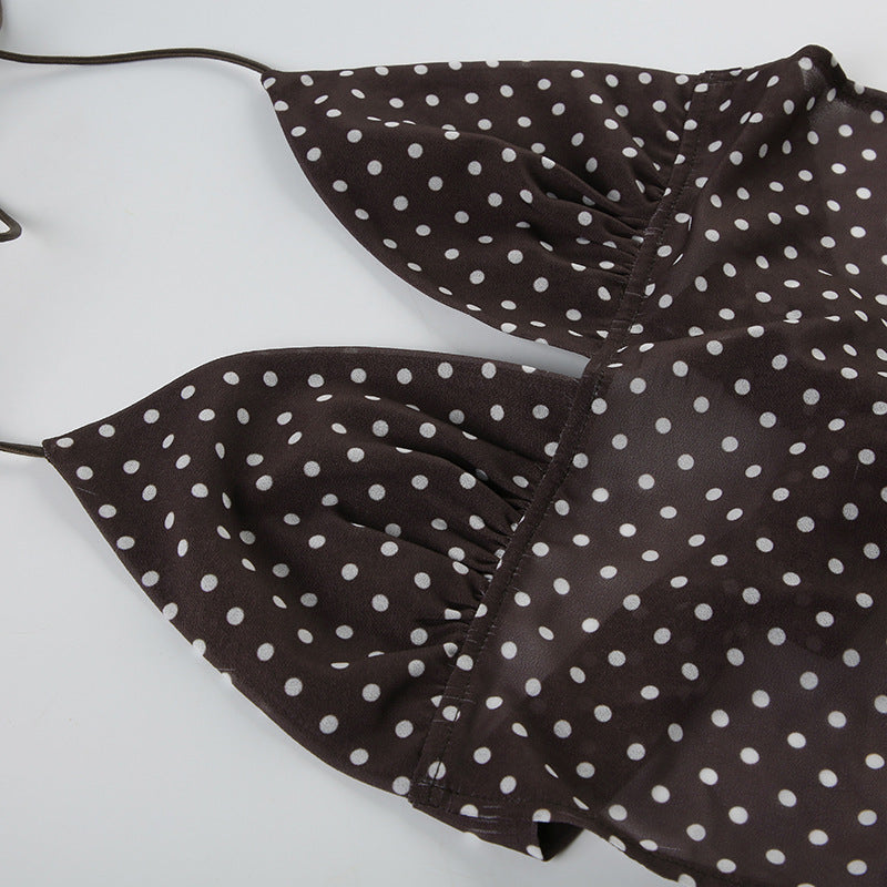 2024 Winter New French Style Elegant Strap Deep V Open Chest Lace Large Open Back Contrast Color Dot Design Small Sling