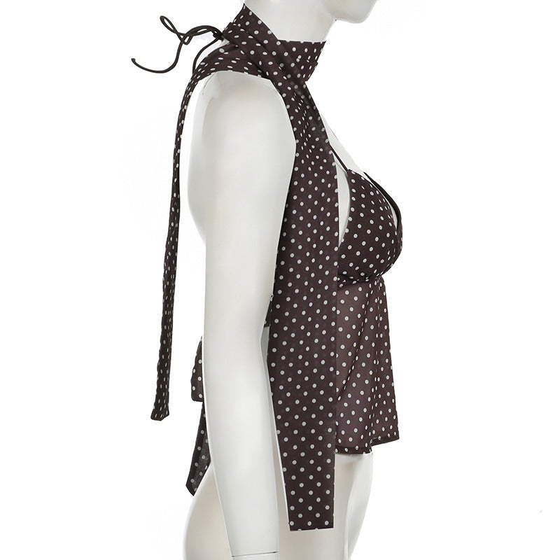 2024 Winter New French Style Elegant Strap Deep V Open Chest Lace Large Open Back Contrast Color Dot Design Small Sling