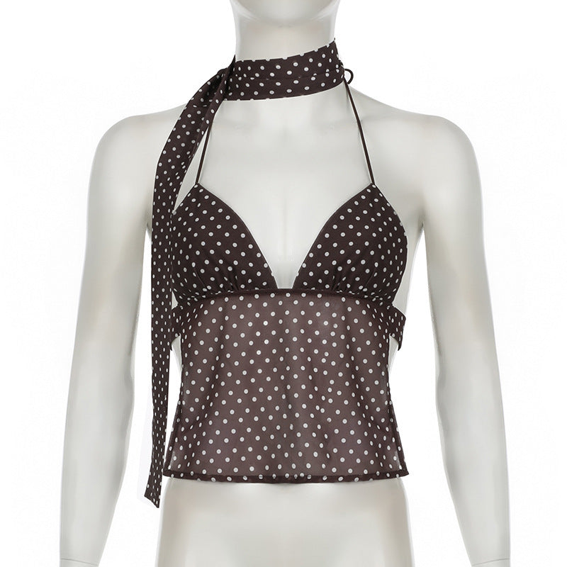 2024 Winter New French Style Elegant Strap Deep V Open Chest Lace Large Open Back Contrast Color Dot Design Small Sling