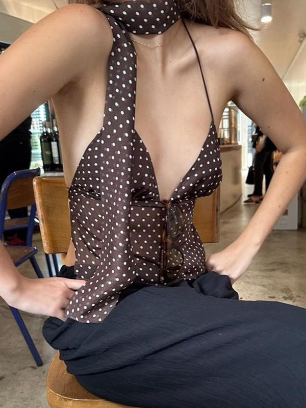 2024 Winter New French Style Elegant Strap Deep V Open Chest Lace Large Open Back Contrast Color Dot Design Small Sling