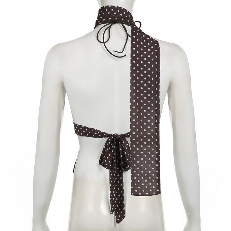 2024 Winter New French Style Elegant Strap Deep V Open Chest Lace Large Open Back Contrast Color Dot Design Small Sling