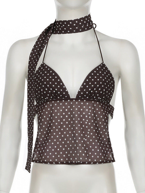 2024 Winter New French Style Elegant Strap Deep V Open Chest Lace Large Open Back Contrast Color Dot Design Small Sling