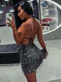 Kliou Tassel Patchwork Shiny Mini Dress Women Halter Bandage Stunning Backless Sleeveless Skinny Vestido Female Party Clubwear
