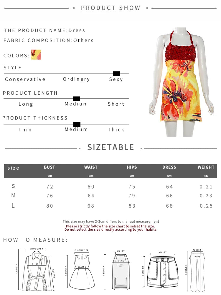 Kliou Shiny Sequins Mini Dress Woman Summer Trend Flower Print Halter Low-Neck Backless Vacation Beach Party Elegant Bodycon