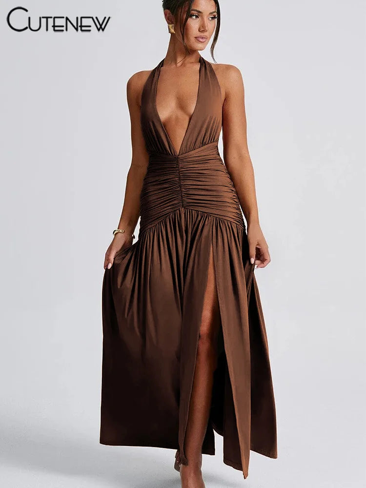 Nibber Elegant Women Long Dresses Solid Hipster Halter V-neck Backless Shirring Side Split Vestidos Female High Street New Robe